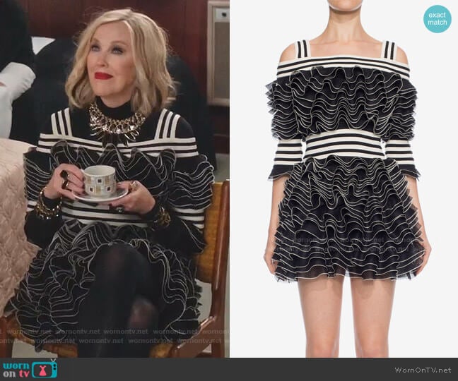 Alexander McQueen Frill Mini Dress worn by Moira Rose (Catherine O'Hara) on Schitts Creek