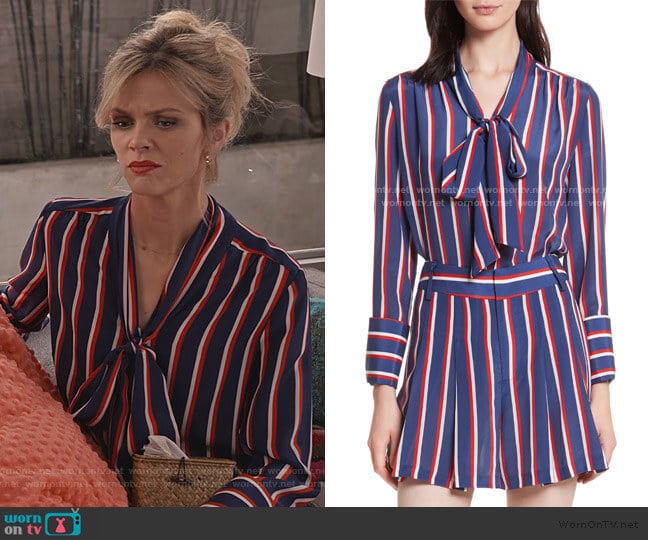 Alice + Olivia Arie Tie-Neck Stripe Silk Blouse worn by Mallory (Brooklyn Decker) on Grace and Frankie
