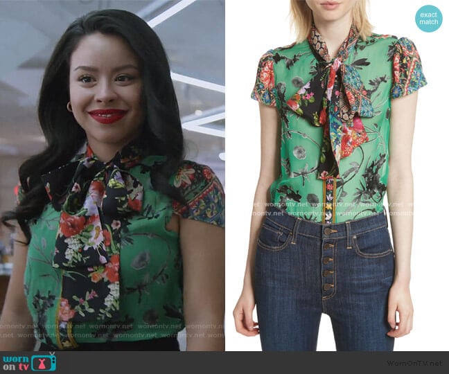 Alice + Olivia Bow Neck Mixed Print Blouse worn by Mariana Foster (Cierra Ramirez) on Good Trouble