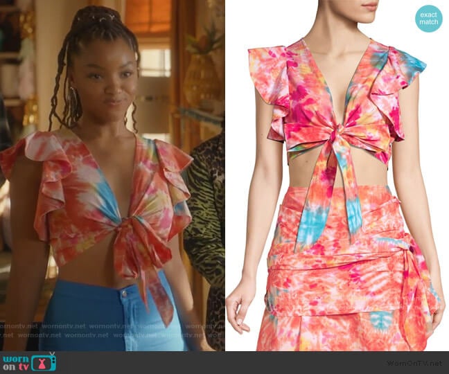 All Things Mochi Lana Tie-Dye Wrap Top worn by Jazlyn Forster (Chloe Bailey) on Grown-ish