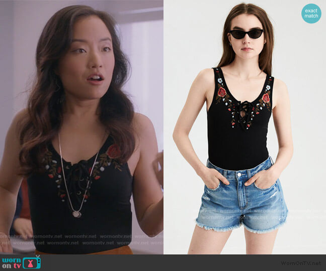 American Eagle Black Lace Up Embroidered Bodysuit worn by Janet (Andrea Bang) on Kims Convenience