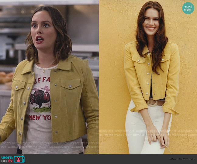 Blank NYC Cropped Suede Trucker Jacket worn by Angie (Leighton Meester) on Single Parents