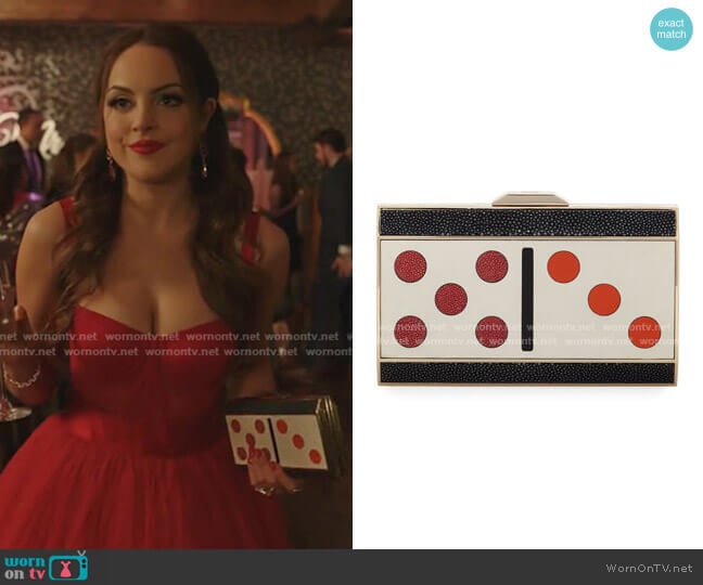 Anya Hindmarch Duchess Domino Hard Clutch Bag worn by Fallon Carrington (Elizabeth Gillies) on Dynasty