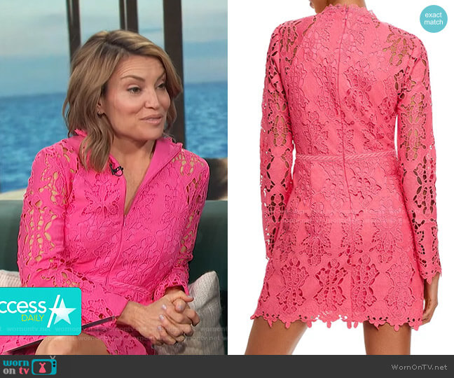 Aqua Cutwork Lace Sheath Dress worn by Kit Hoover on Access Hollywood