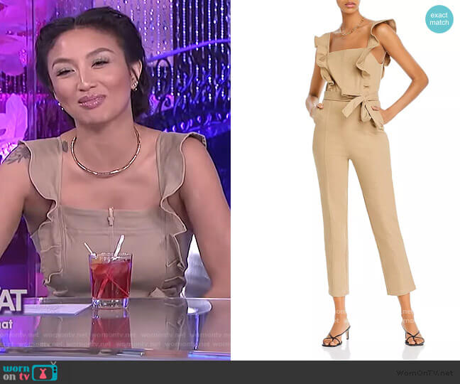 Aqua Ruffle-Sleeve Jumpsuit worn by Jeannie Mai on The Real