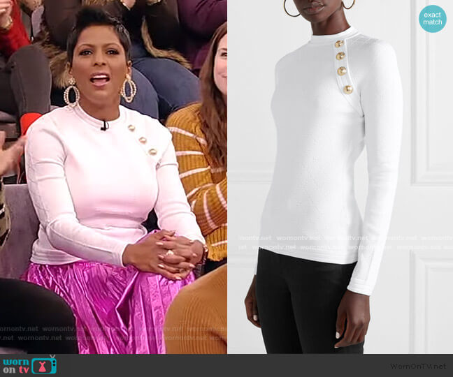 Balmain Button-embellished jacquard-knit sweater worn by Tamron Hall on Tamron Hall Show