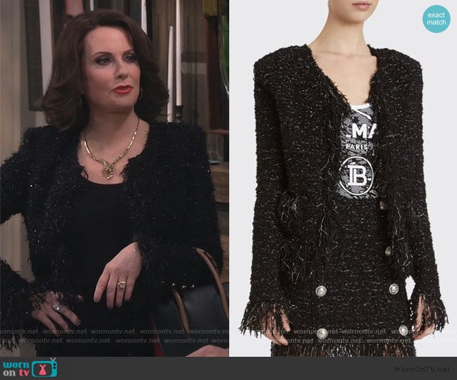 Balmain Tweed Fringe-Hem Blazer worn by Karen Walker (Megan Mullally) on Will and Grace