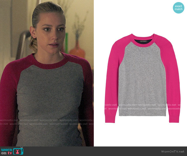 Banana Republic Italian Merino-Blend Raglan Sweater in Heather Grey / Hot Pink / Navy worn by Betty Cooper (Lili Reinhart) on Riverdale