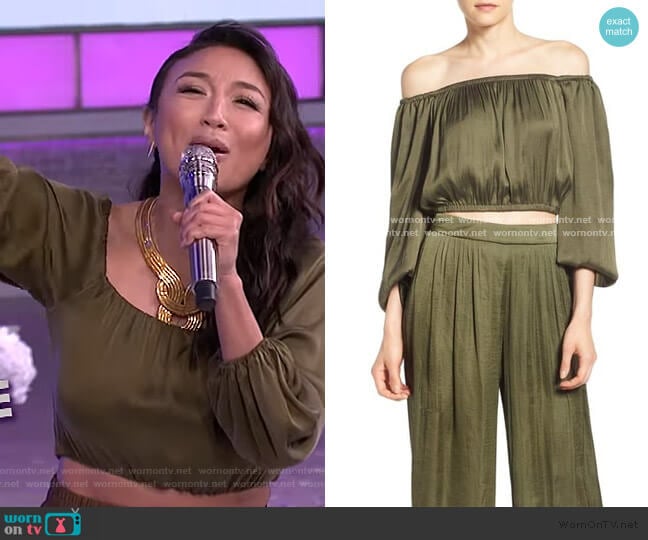 Bardot Olive Off-Shoulder Crop Top worn by Jeannie Mai on The Real