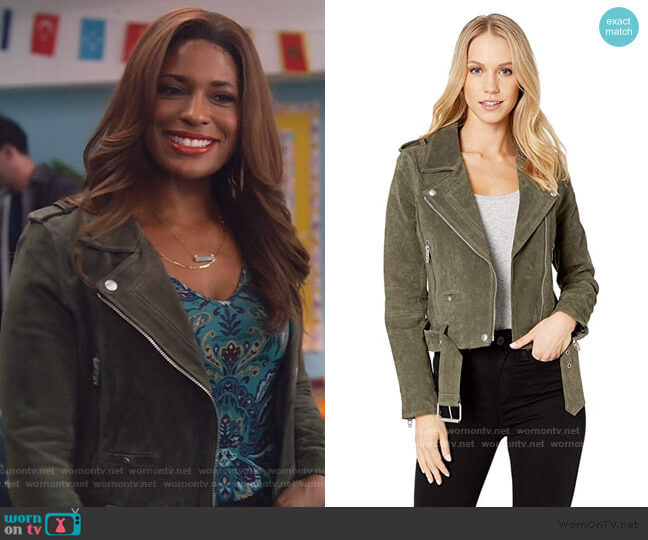Blank NYC Suede Moto Jacket in Herb worn by Poppy (Kimrie Lewis) on Single Parents