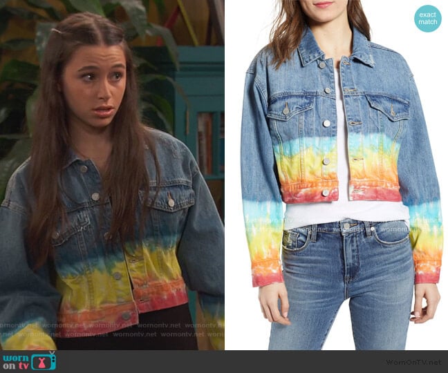 BlankNYC Tie Dye Hem Crop Denim Jacket worn by Tess O'Malley (Sky Katz) on Ravens Home