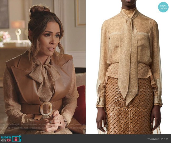 Burberry Printed Chiffon Tieneck Silk Blouse worn by Cristal Jennings (Daniella Alonso) on Dynasty