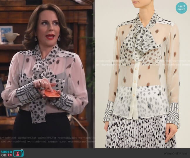 Burberry Pussy-bow Dalmatian-print Silk Blouse worn by Karen Walker (Megan Mullally) on Will and Grace