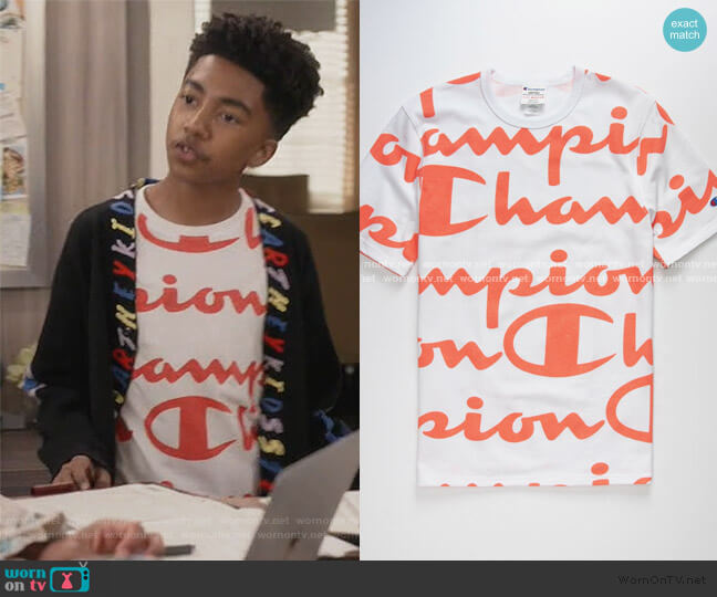 Champion All Over Champion Script T-Shirt worn by Jack Johnson (Miles Brown) on Black-ish