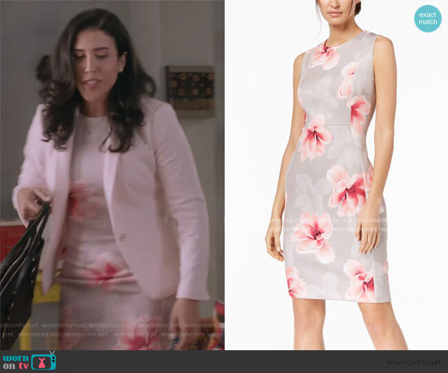 Calvin Klein Petite Floral-Print Scuba Sheath Dress worn by Shannon Ross (Nicole Power) on Kims Convenience