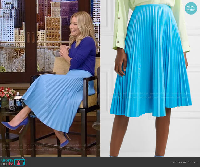 Cedric Charlier Pleated Faux Leather Skirt worn by Kelly Ripa on Live with Kelly and Mark