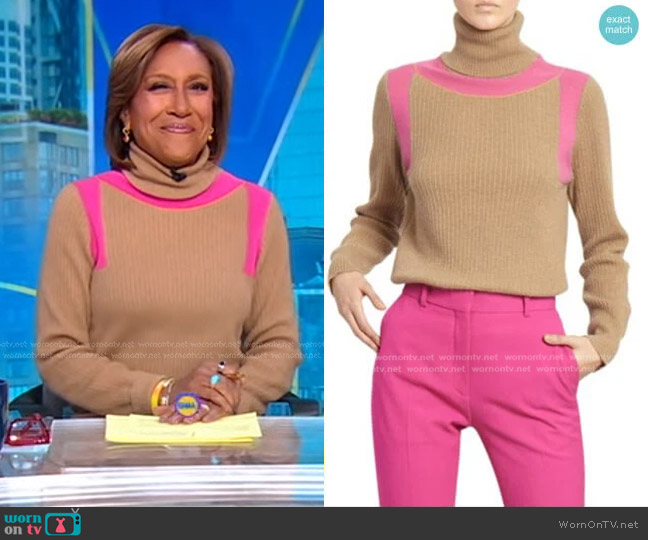 Victoria Beckham Contrast Panel Ribbed Cashmere Turtleneck Sweater worn by Robin Roberts on Good Morning America