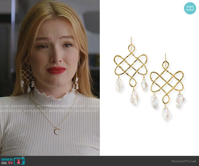 Devon Leigh Baroque Pearl Trellis Drop Earrings worn by Kirby Anders (Maddison Brown) on Dynasty