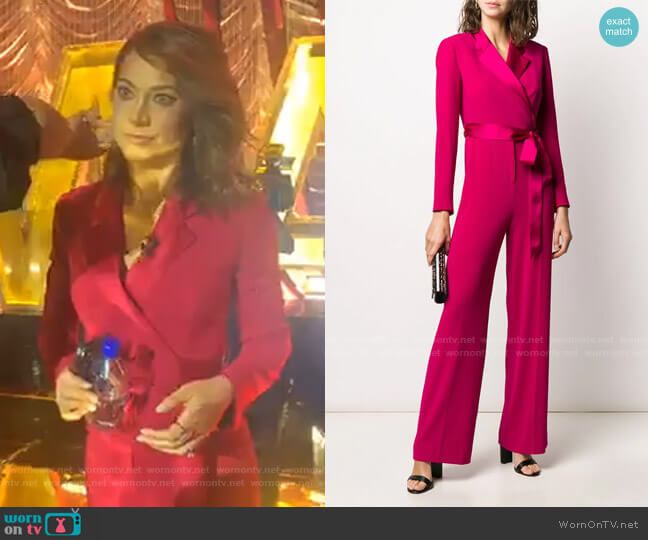 Diane von Furstenberg Monica Long-Sleeve Crepe Wrap Jumpsuit worn by Ginger Zee on Good Morning America