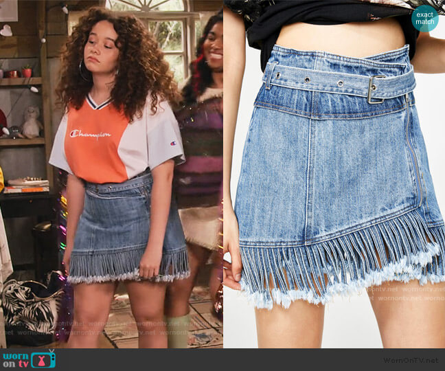 Dolls Kill Sassy Slingin' Denim Skirt worn by Jade (Talia Jackson) on Family Reunion