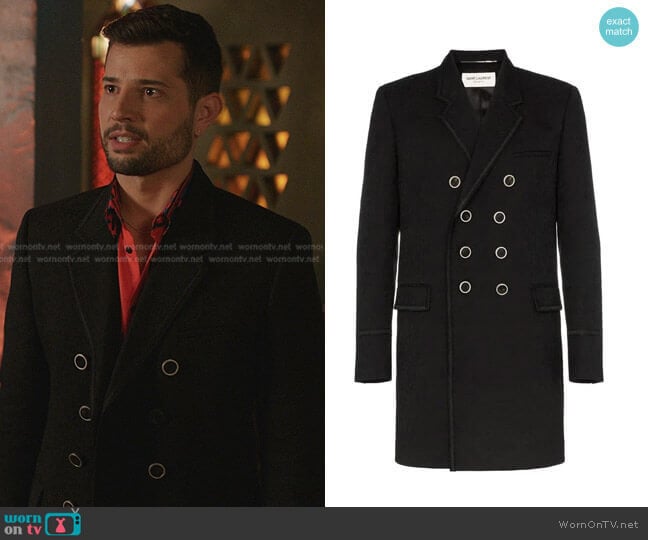 Saint Laurent Double Breasted Paisley Jacquard Virgin Wool Coat worn by Sam Flores (Rafael de la Fuente) on Dynasty