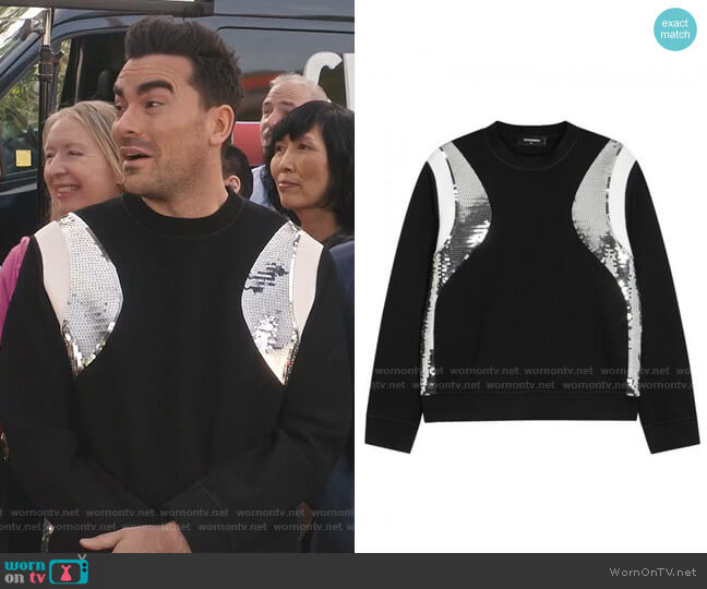 Dsquared2 Sequin-Panelled Jersey Sweatshirt worn by David Rose (Daniel Levy) on Schitts Creek