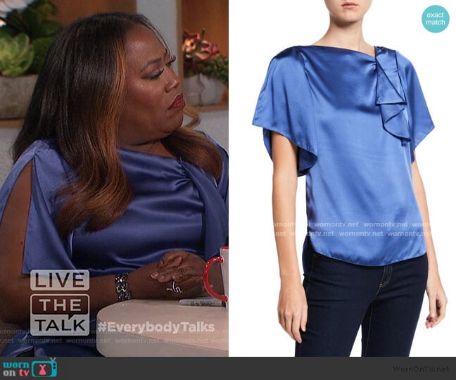 Elie Tahari Tamra High-Neck Short-Sleeve Silk Satin Blouse worn by Sheryl Underwood on The Talk