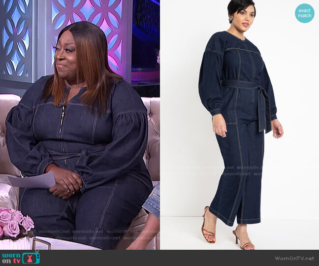 Eloquii Puff Sleeve Denim Jumpsuit worn by Loni Love on The Real