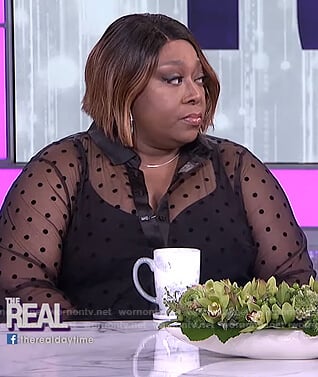 Loni’s black polka dot sheer shirtdress on The Real