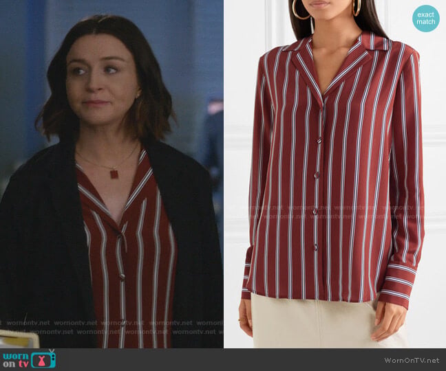 Frame Striped Silk Shirt worn by Amelia Shepherd (Caterina Scorsone) on Greys Anatomy