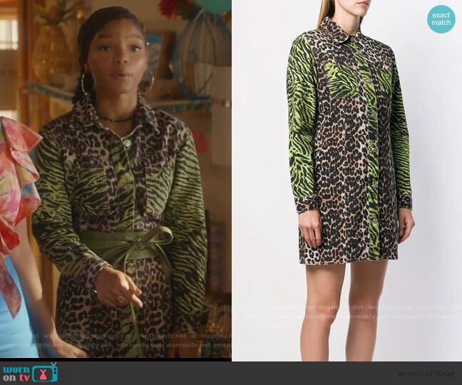 Ganni Animal Print Shirtdress worn by Skylar Forster (Halle Bailey) on Grown-ish