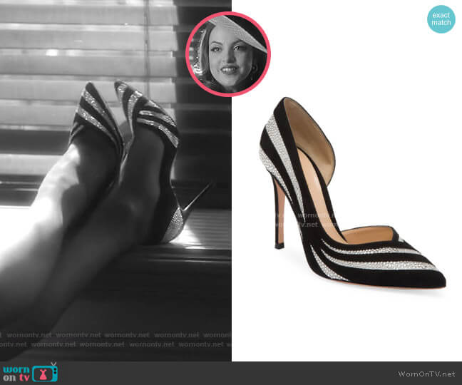 Gianvito Rossi Glitter Stripe Suede & Silk Pumps worn by Fallon Carrington (Elizabeth Gillies) on Dynasty