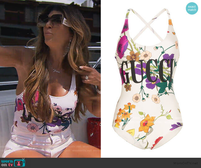 Gucci Logo Floral Print Swimsuit worn by Teresa Giudice on The Real Housewives of New Jersey