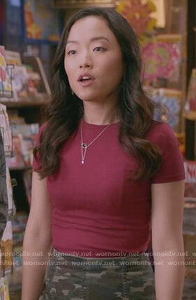 Janet’s denim camo mini skirt on Kims Convenience