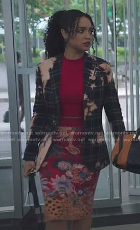Kat’s bleach stained plaid blazer and floral skirt on The Bold Type