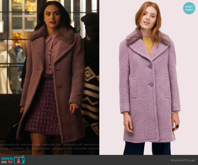 Kate Spade Faux Fur Lapel Coat in Purple Shade worn by Veronica Lodge (Camila Mendes) on Riverdale
