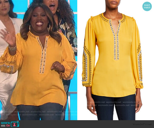 Kobi Halperin Eliza V-Neck Long-Sleeve Embellished Silk Blouse worn by Sheryl Underwood on The Talk