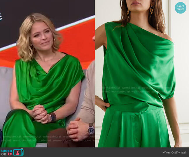 Michelle Mason One-Shoulder Draped Silk-Satin Top worn by Sara Haines on Good Morning America