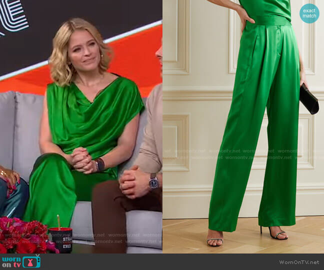 Michelle Mason Pleated Silk-Satin Wide-Leg Pants worn by Sara Haines on Good Morning America