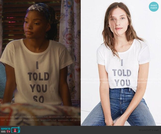 Rivet & Thread I Told You So Tee worn by Skylar Forster (Halle Bailey) on Grown-ish