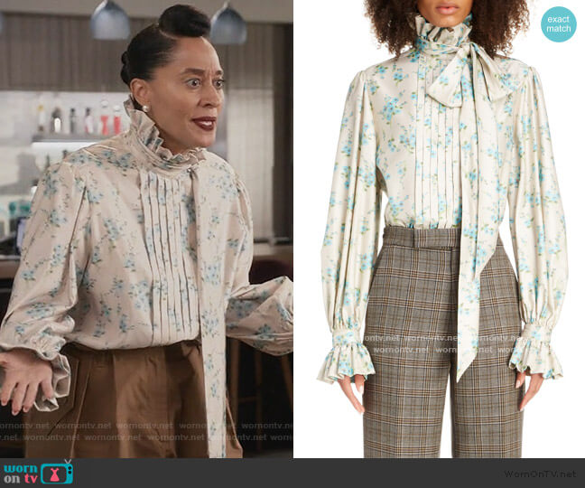 Marc Jacobs Floral Tie Neck Silk Blouse worn by Rainbow Johnson (Tracee Ellis Ross) on Black-ish