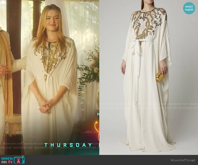 Marchesa Crystal-Embellished Tie-Detailed Silk Caftan worn by Kirby Anders (Maddison Brown) on Dynasty