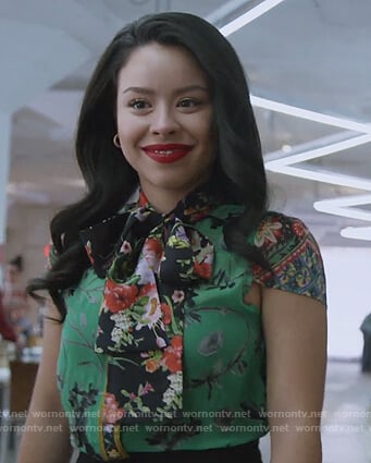 Mariana’s green floral tie neck top on Good Trouble