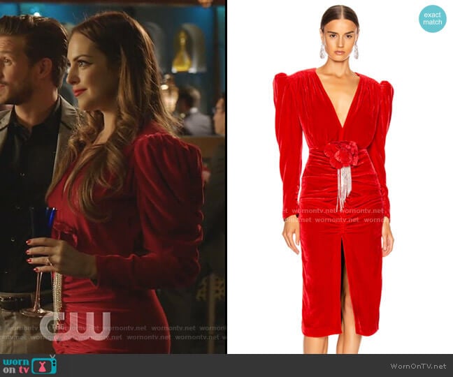 Marianna Senchina Velvet V Neck Midi Dress worn by Fallon Carrington (Elizabeth Gillies) on Dynasty