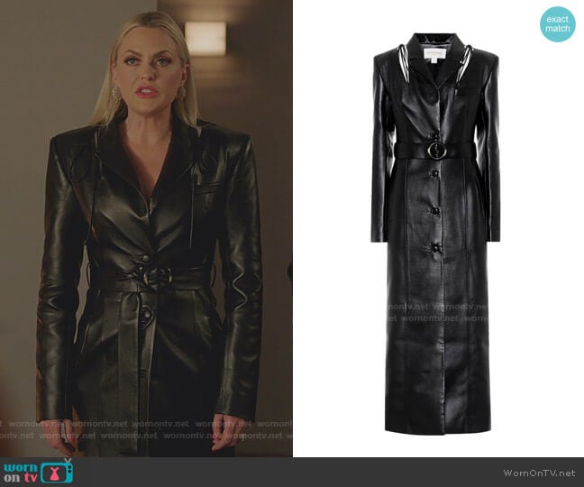 Materiel Tbilisi Belted Faux Leather Coat worn by Alexis Carrington (Elaine Hendrix) on Dynasty