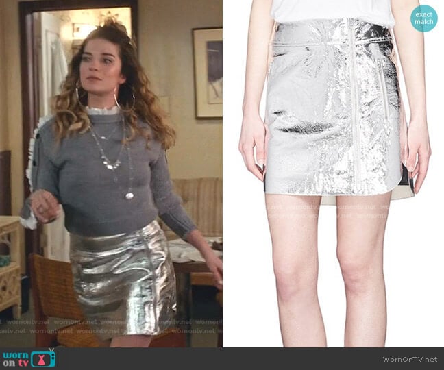 Alexan­der Mc­Queen Sil­ver Foil Zip­pered Skirt worn by Alexis Rose (Annie Murphy) on Schitts Creek