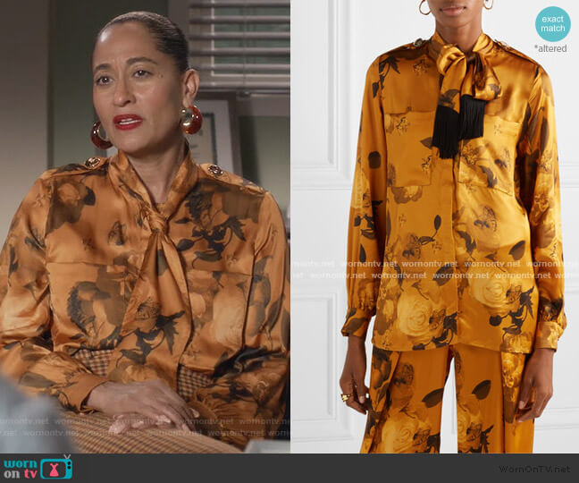 Mother Of Pearl Leandra fringed pussy-bow floral-print satin shirt worn by Rainbow Johnson (Tracee Ellis Ross) on Black-ish