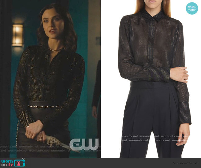 Nili Lotan Lleida Metallic Stripe Silk Shirt worn by Abigael Jameson-Caine (Poppy Drayton) on Charmed