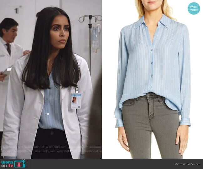 L'Agence Nina Stripe Silk Blouse worn by Saanvi (Parveen Kaur) on Manifest