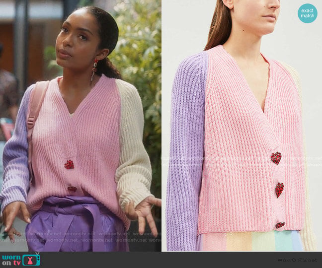 Olivia Rubin Tally Block-Panel Knit Cardigan worn by Zoey Johnson (Yara Shahidi) on Grown-ish